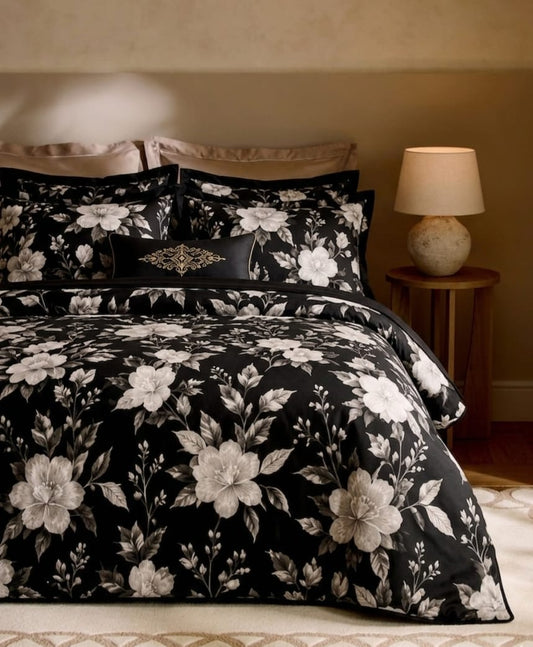 Bistarlo Noir Ivory Blossom black and ivory floral print king size cotton bedsheet set