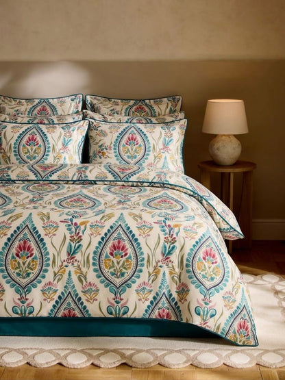 Bistarlo Teal Ogee Heritage ivory and teal medallion print king size cotton bedsheet set