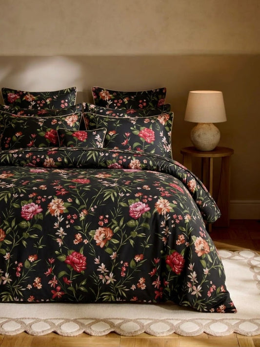 Bistarlo Noir Peony Garden black floral peony print king size cotton bedsheet set