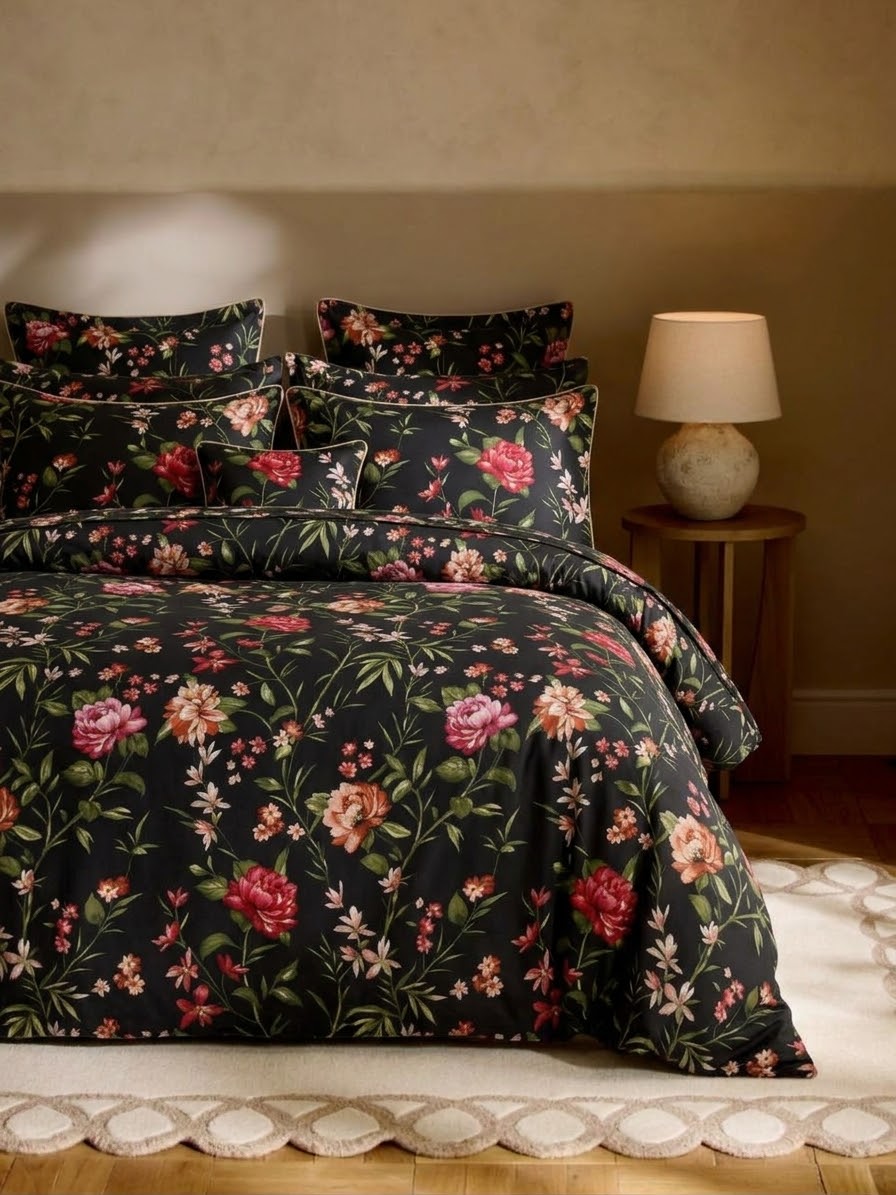 Bistarlo Noir Peony Garden black floral peony print king size cotton bedsheet set