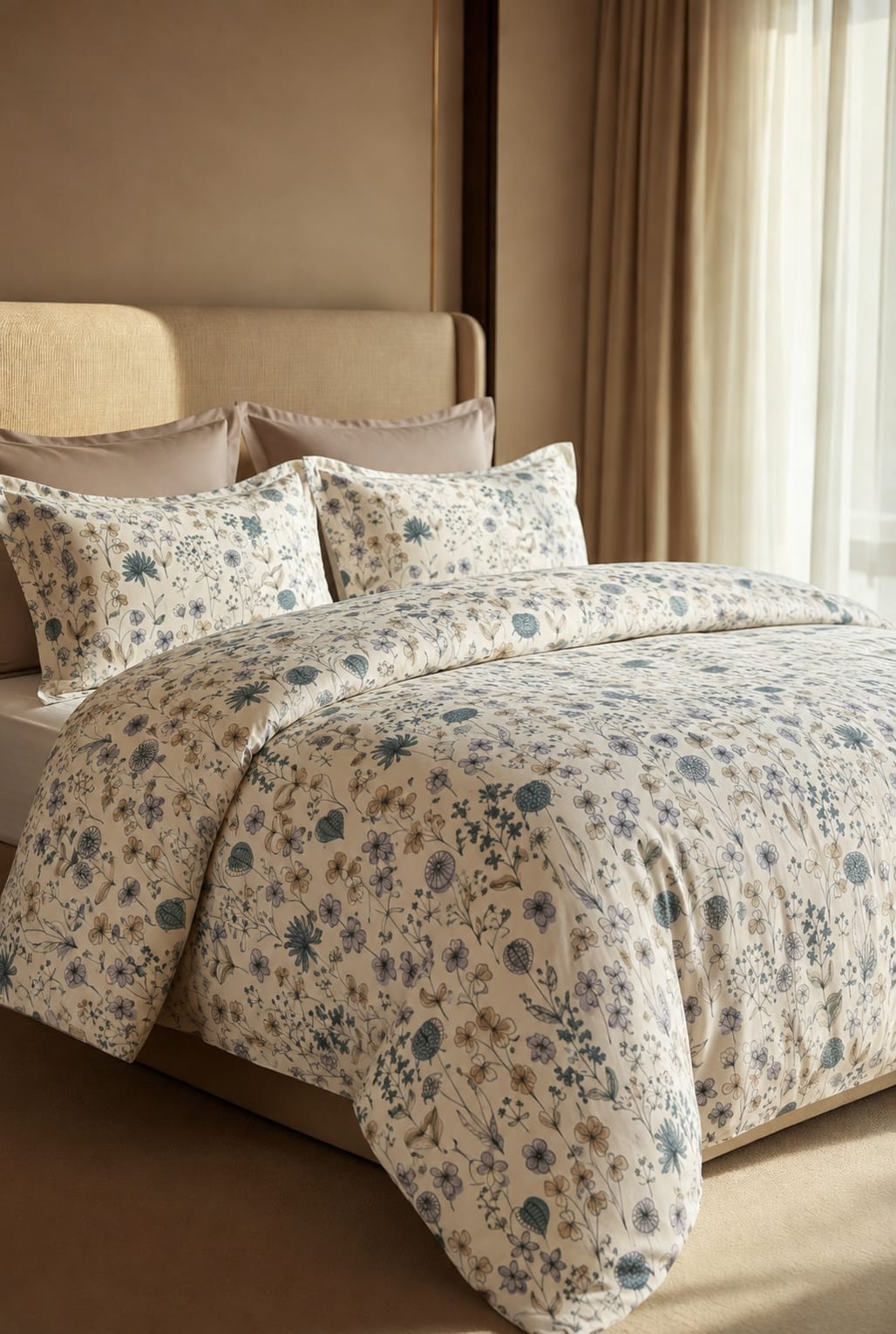 Ivory Wildflower Whisper king size bedsheet - 100% pure cotton 300 thread count with botanical floral print, Bistarlo