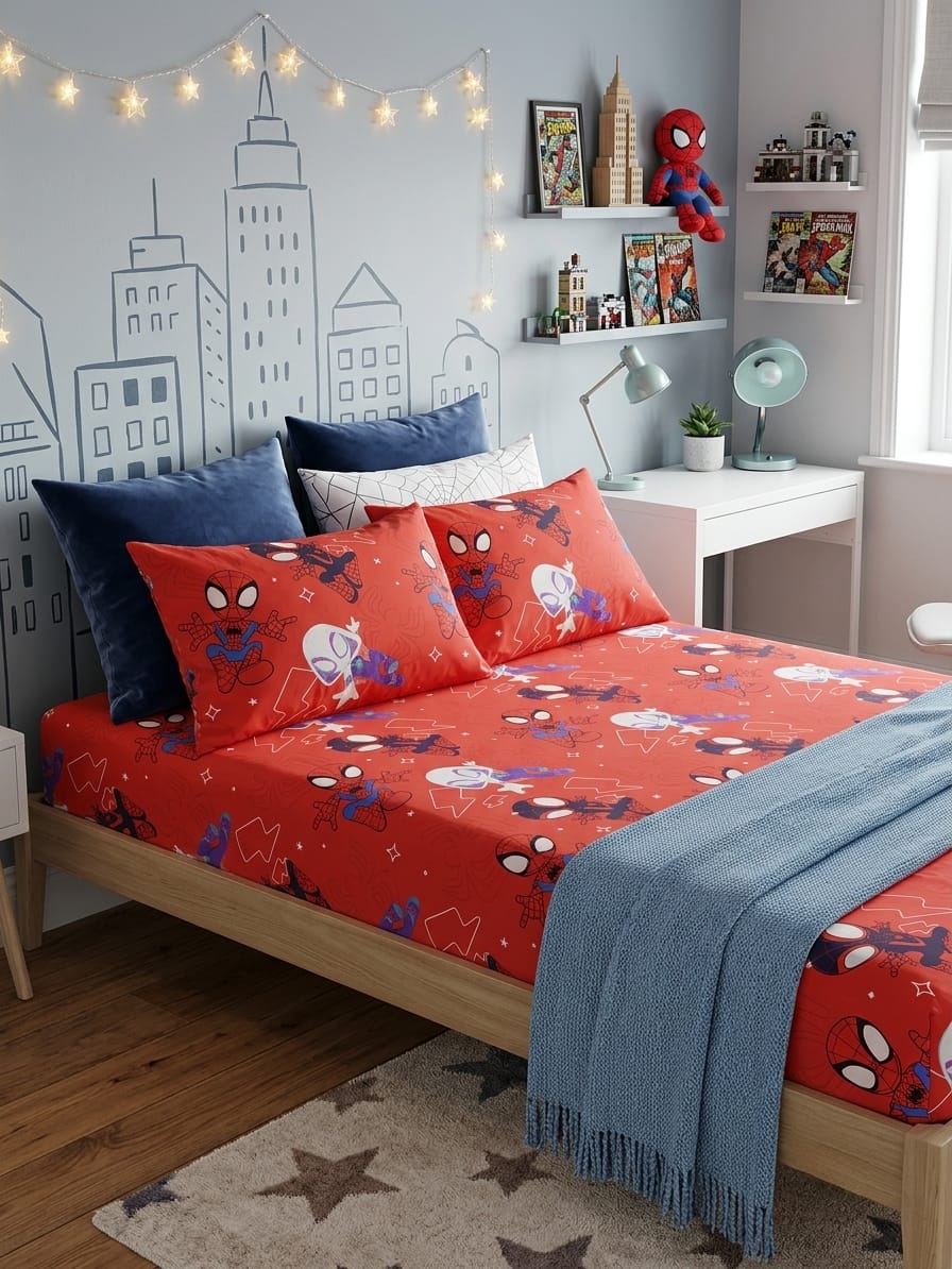 A children's bed styled in a bedroom, featuring a red Spider-Man themed bedding set with matching red pillows, blue accent pillows, and a blue throw blanket. The room has a gray wall with a city skyline mural, shelves with toys, and string lights.
