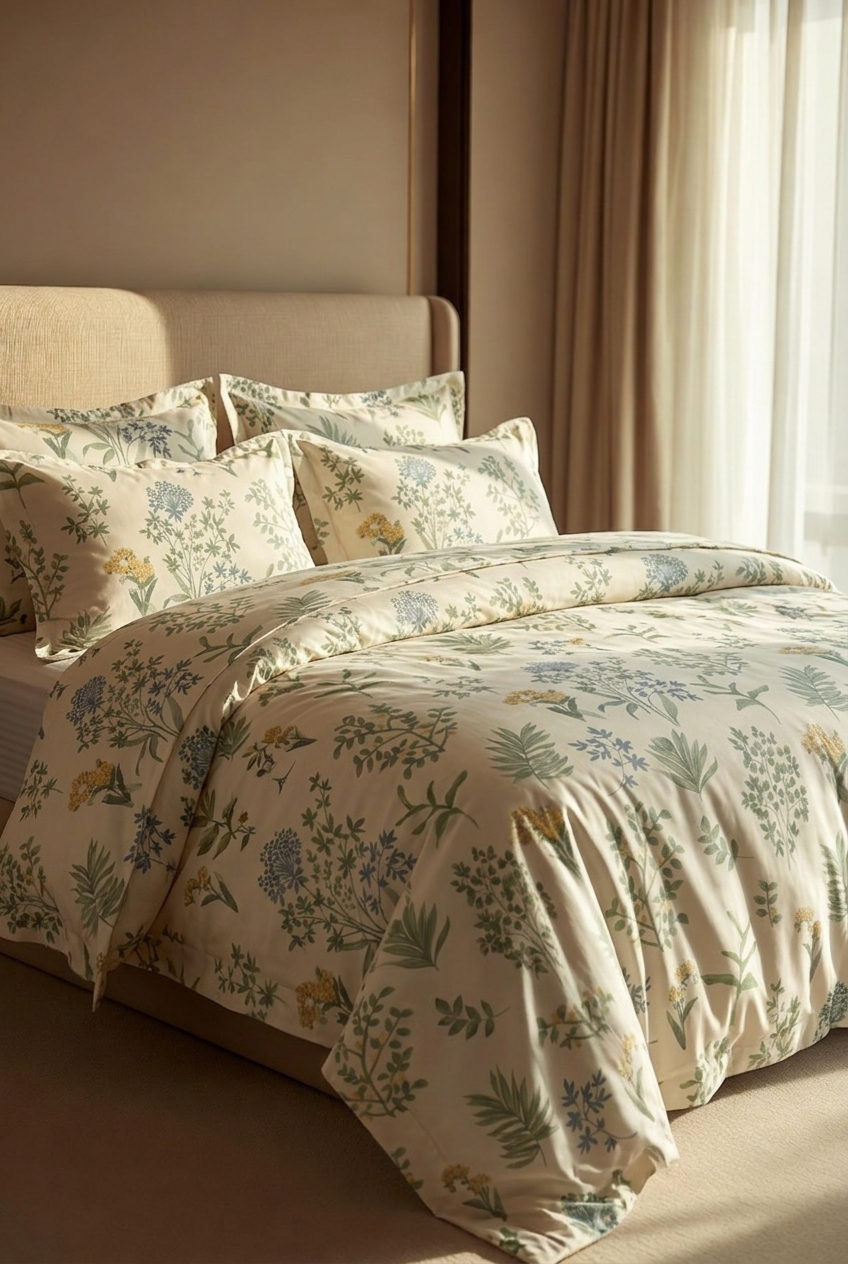 A bed dressed in a cream-colored duvet cover and matching pillowcases featuring a delicate botanical floral pattern in muted green, blue, and yellow, styled in a warm, sunlit bedroom.