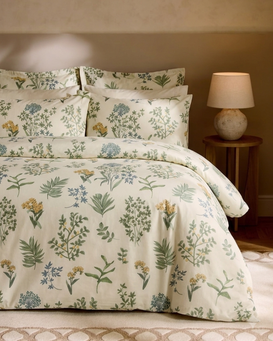 A bed dressed in a botanical print duvet cover and matching pillow shams, styled in a warm bedroom setting with a bedside lamp on a wooden side table.