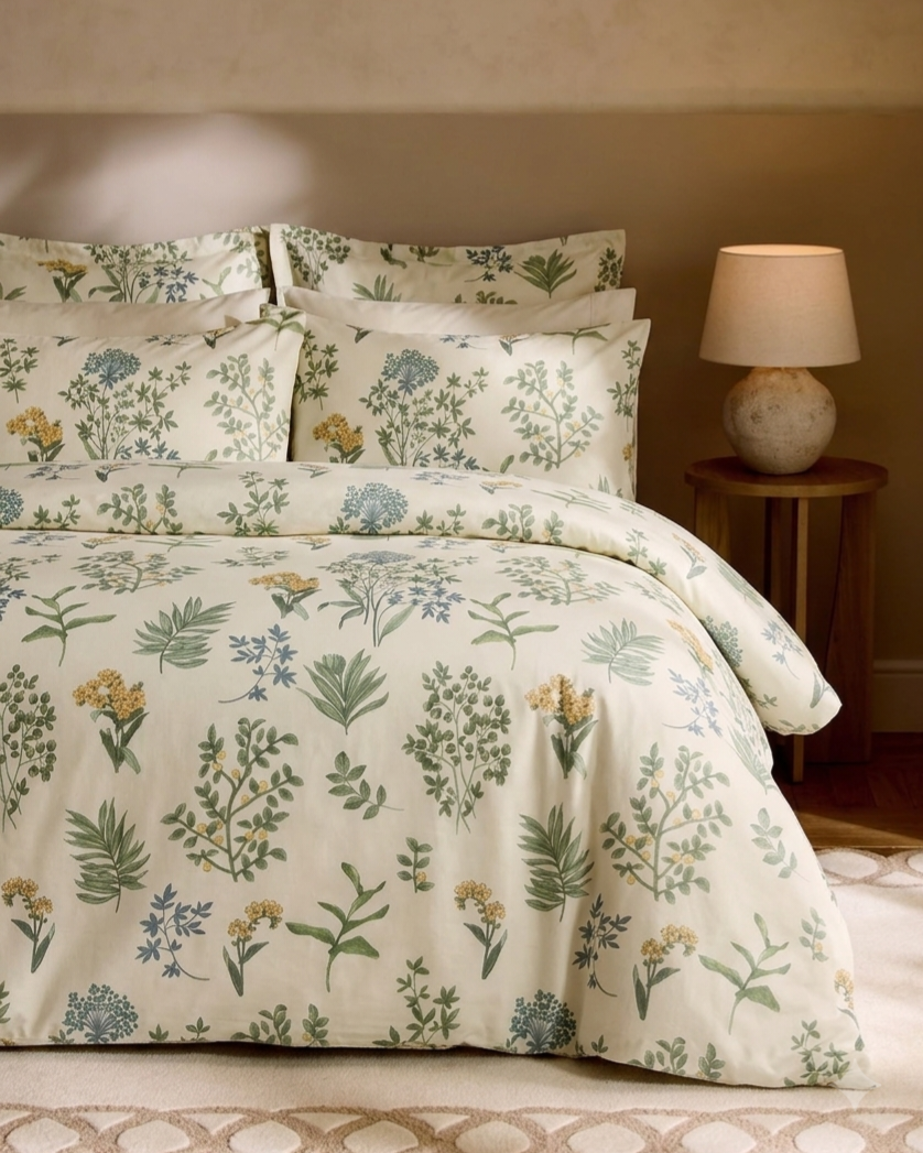 A bed dressed in a botanical print duvet cover and matching pillow shams, styled in a warm bedroom setting with a bedside lamp on a wooden side table.