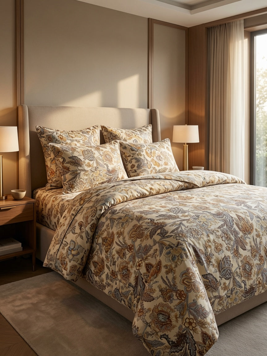 Decorative bedspread with floral patterns in a bedroom setting