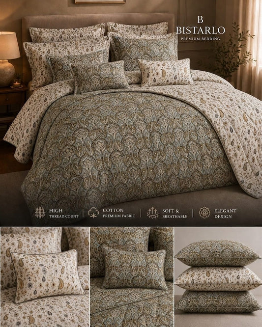 Bistarlo premium bedding set featuring a patterned quilt and matching shams in muted beige, sage green, and brown tones, displayed on a bed in a styled bedroom scene with feature text and detail inset panels at the bottom.
