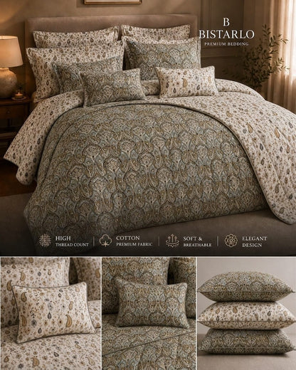 Bistarlo premium bedding set featuring a patterned quilt and matching shams in muted beige, sage green, and brown tones, displayed on a bed in a styled bedroom scene with feature text and detail inset panels at the bottom.