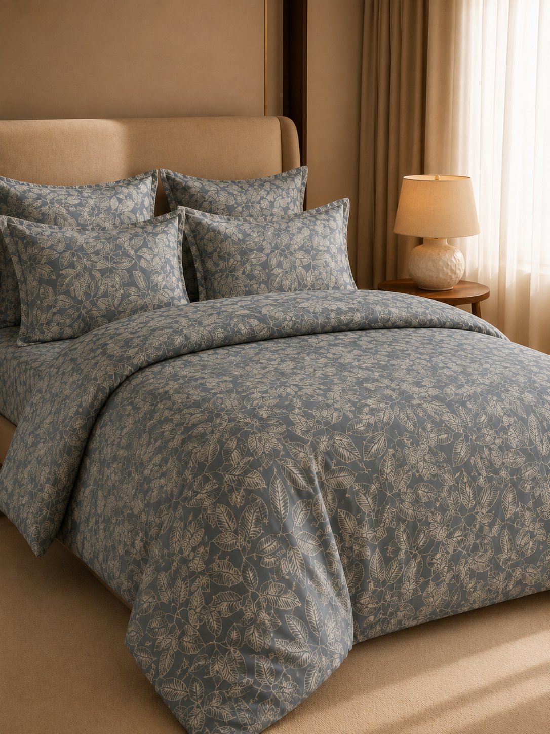 A bed dressed in a muted blue-gray floral-patterned duvet cover and matching pillow shams, styled in a warm beige bedroom with a headboard, curtains, and a bedside lamp.