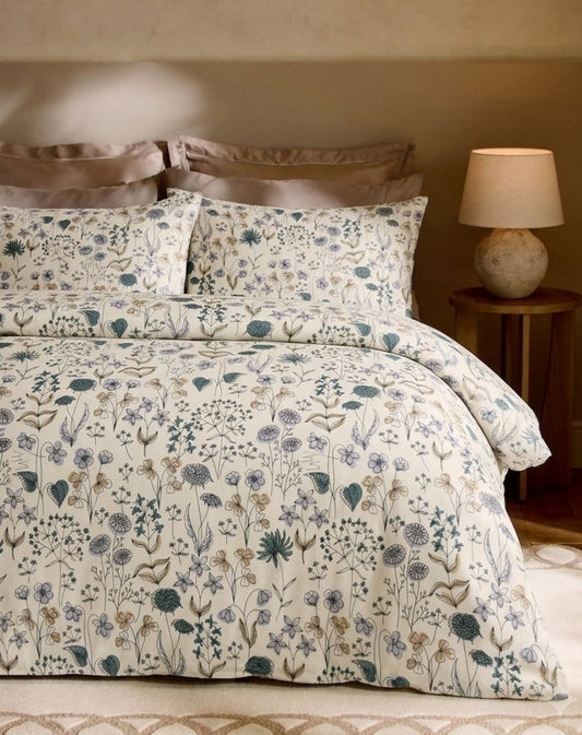 Ivory Wildflower Whisper king size bedsheet - 100% pure cotton 300 thread count with botanical floral print, Bistarlo